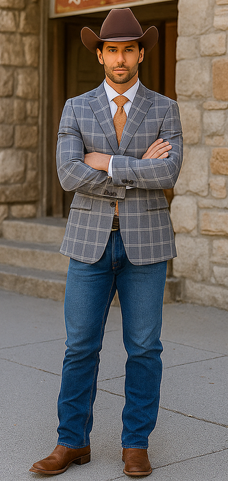 Saco vaquero - Traje Para Hombre - Western Sport Coat - Western Blazer - Mens Designer Two Button Slim Fit Notch Lapel Wool Suit In Bold Medium Grey Windowpane Plaid