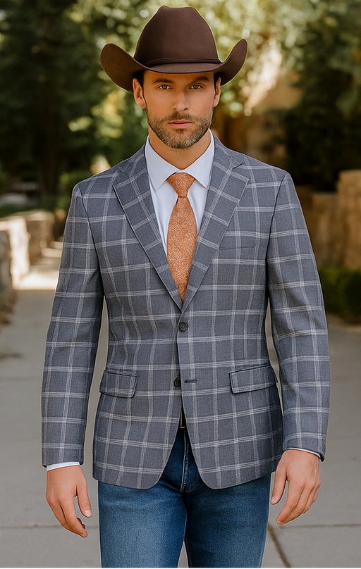 Saco vaquero - Traje Para Hombre - Western Sport Coat - Western Blazer - Mens Designer Two Button Slim Fit Notch Lapel Wool Suit In Bold Medium Grey Windowpane Plaid