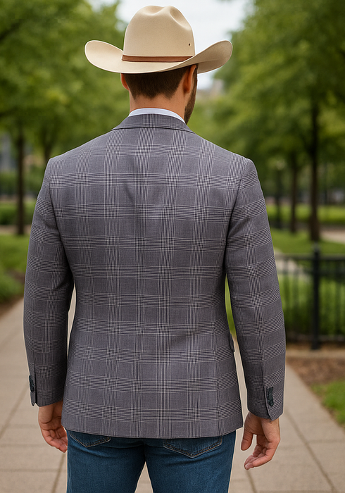Saco vaquero - Western Sport Coat - Western Blazer- Mens Half Canvas Unconstructed Sport Coat Blazer In Grey Blue Windowpane Plaid