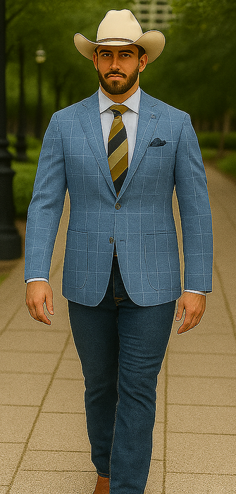 Saco vaquero - Western Sport Coat - Western Blazer  - Mens Half Canvas Unconstructed Sport Coat Blazer In Light Blue Windowpane Plaid