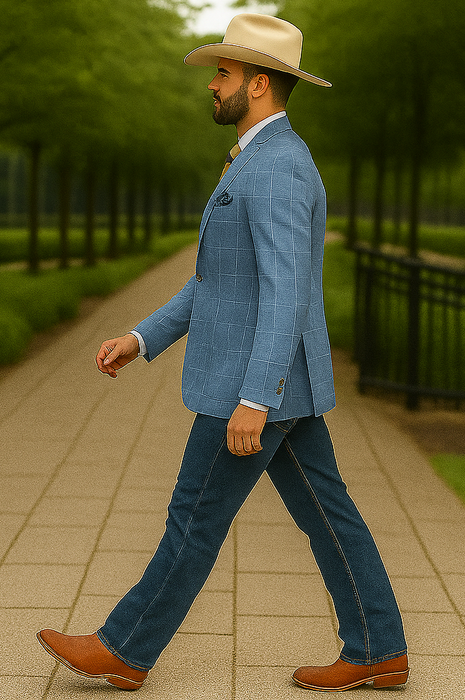 Saco vaquero - Western Sport Coat - Western Blazer  - Mens Half Canvas Unconstructed Sport Coat Blazer In Light Blue Windowpane Plaid