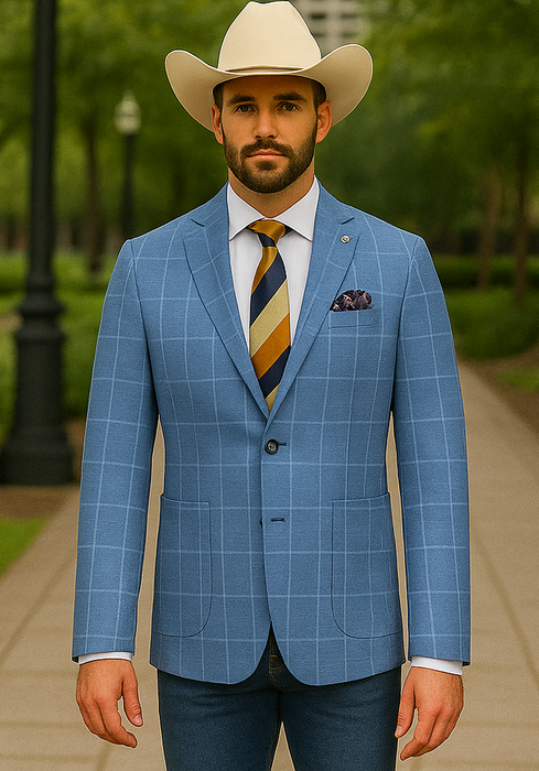 Saco vaquero - Western Sport Coat - Western Blazer - Mens Half Canvas Unconstructed Sport Coat Blazer In Light Blue Windowpane Plaid
