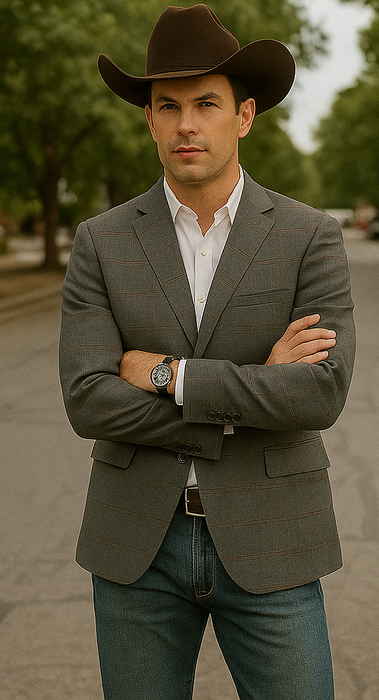 Saco vaquero - Western Sport Coat - Western Blazer - Men's Slim Fit 2 Button Sport Coat Blazer In Grey & Tan Windowpane Plaid