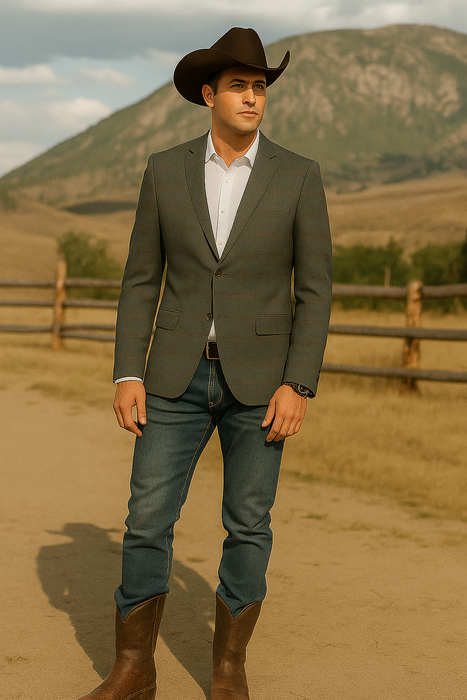 Saco vaquero - Western Sport Coat - Western Blazer - Men's Slim Fit 2 Button Sport Coat Blazer In Grey & Tan Windowpane Plaid