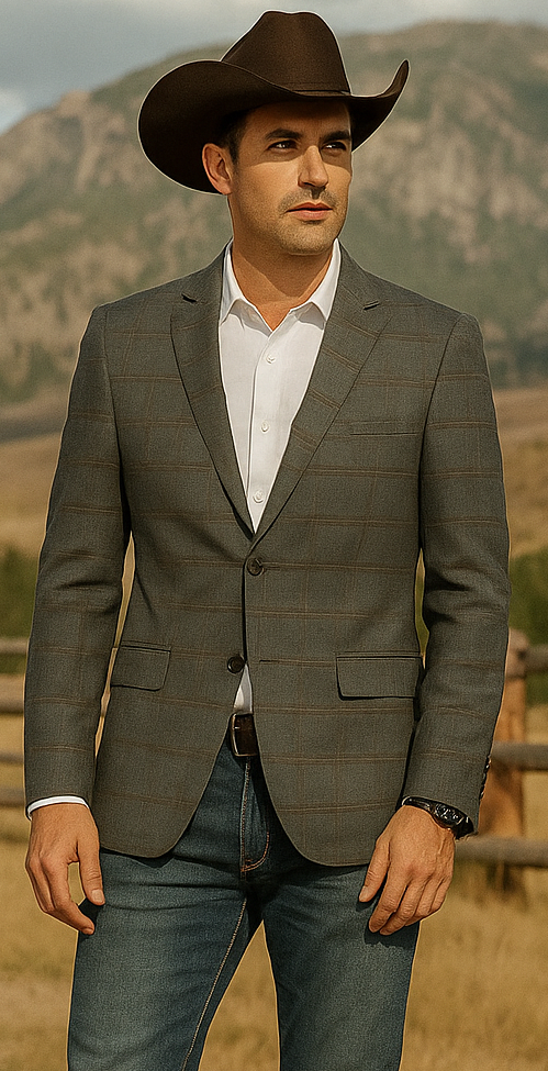 Saco vaquero - Western Sport Coat - Western Blazer - Men's Slim Fit 2 Button Sport Coat Blazer In Grey & Tan Windowpane Plaid