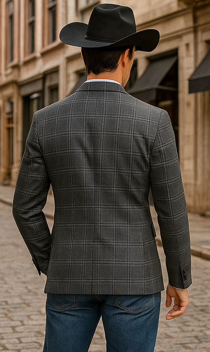 Saco vaquero - Western Sport Coat - Western Blazer - Men's Slim Fit 2 Button Sport Coat Blazer In Grey Windowpane Plaid