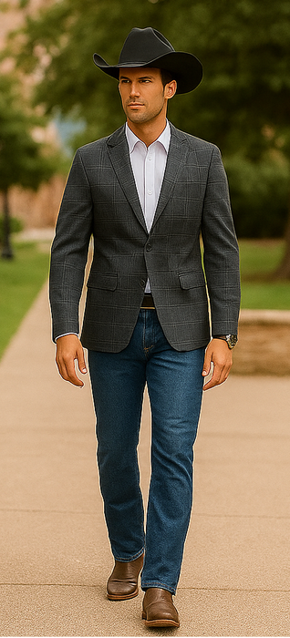 Saco vaquero - Western Sport Coat - Western Blazer - Men's Slim Fit 2 Button Sport Coat Blazer In Grey Windowpane Plaid