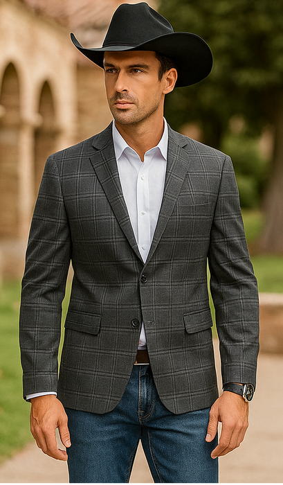 Saco vaquero - Western Sport Coat - Western Blazer - Men's Slim Fit 2 Button Sport Coat Blazer In Grey Windowpane Plaid