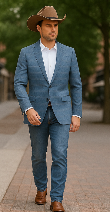 Saco vaquero - Western Sport Coat - Western Blazer- Men's Slim Fit Business Casual Light Blue Plaid Sport Coat