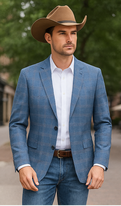 Saco vaquero - Western Sport Coat - Western Blazer- Men's Slim Fit Business Casual Light Blue Plaid Sport Coat