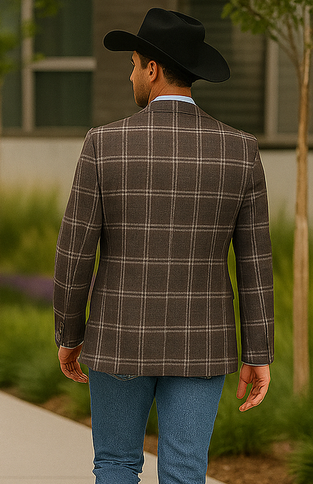Saco vaquero - Western Sport Coat - Western Blazer-Mens Slim Fit Half Canvas Patch Pocket Summer Cotton Blazer In Brown Windowpane Plaid