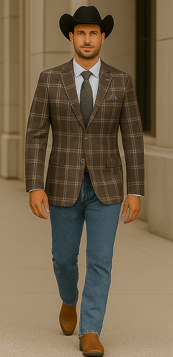 Saco vaquero - Western Sport Coat - Western Blazer-Mens Slim Fit Half Canvas Patch Pocket Summer Cotton Blazer In Brown Windowpane Plaid