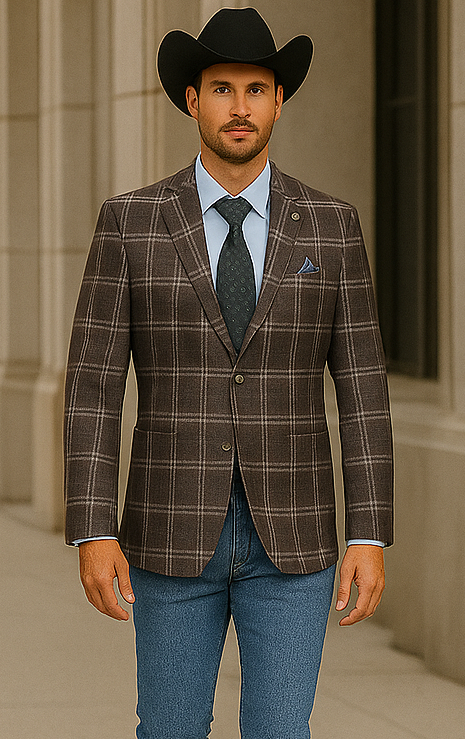 Saco vaquero - Western Sport Coat - Western Blazer-Mens Slim Fit Half Canvas Patch Pocket Summer Cotton Blazer In Brown Windowpane Plaid
