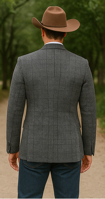 Saco vaquero - Western Sport Coat - Western Blazer- Mens Slim Fit Half Canvas Patch Pocket Summer Cotton Blazer In Charcoal Grey Windowpane Plaid