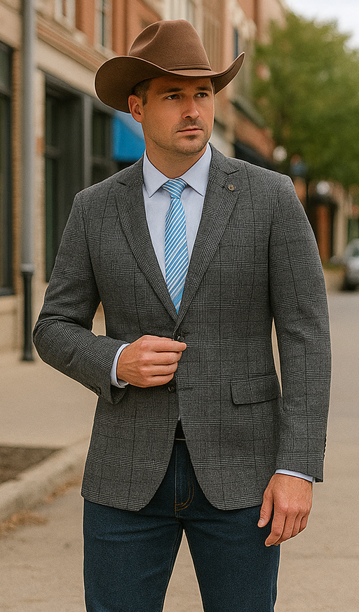 Saco vaquero - Western Sport Coat - Western Blazer- Mens Slim Fit Half Canvas Patch Pocket Summer Cotton Blazer In Charcoal Grey Windowpane Plaid