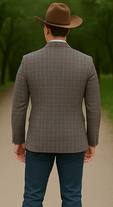 Saco vaquero - Western Sport Coat - Western Blazer - Mens Slim Fit Two Button Patch Pocket Cotton Blazer In Tan & Burgundy Windowpane Plaid