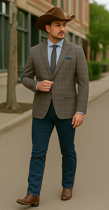 Saco vaquero - Western Sport Coat - Western Blazer - Mens Slim Fit Two Button Patch Pocket Cotton Blazer In Tan & Burgundy Windowpane Plaid