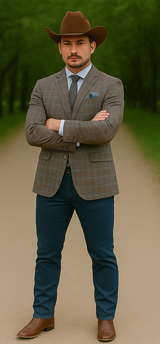 Saco vaquero - Western Sport Coat - Western Blazer - Mens Slim Fit Two Button Patch Pocket Cotton Blazer In Tan & Burgundy Windowpane Plaid