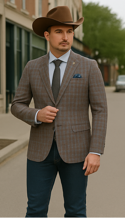 Saco vaquero - Western Sport Coat - Western Blazer - Mens Slim Fit Two Button Patch Pocket Cotton Blazer In Tan & Burgundy Windowpane Plaid