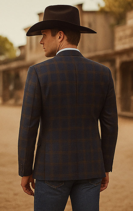 Saco vaquero - Western Sport Coat - Western Blazer - Mens Slim Fit Two Button Sport Coat Blazer In Navy Blue & Gold Windowpane Plaid