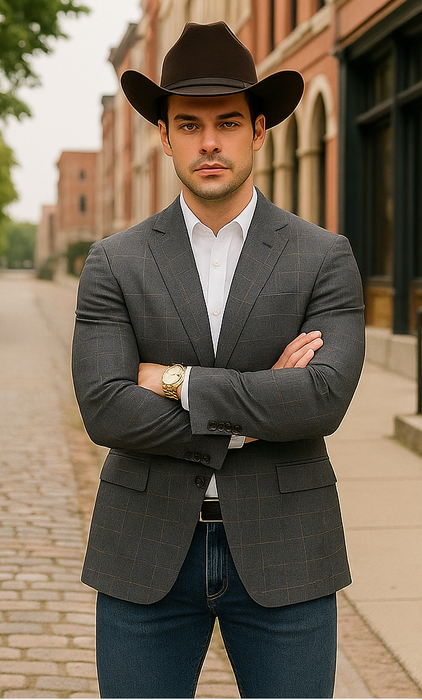 Saco vaquero - Western Sport Coat - Western Blazer - Men's Slim Fit Two Button Windowpane Plaid Sport Coat In Charcoal Grey