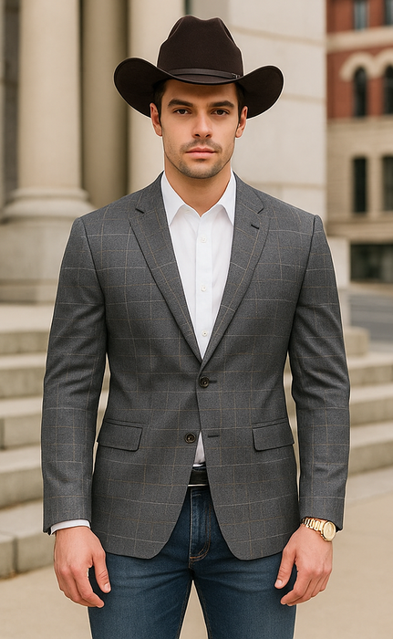 Saco vaquero - Western Sport Coat - Western Blazer - Men's Slim Fit Two Button Windowpane Plaid Sport Coat In Charcoal Grey