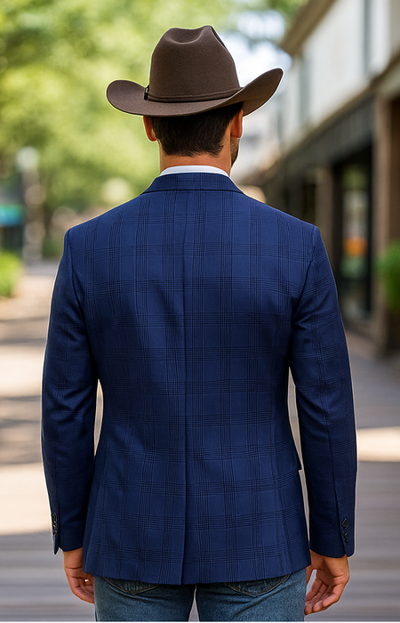 Saco vaquero - Western Sport Coat - Western Blazer  - Mens Two Button Classic Fit Sport Coat Blazer In Dark Navy Blue Windowpane Plaid