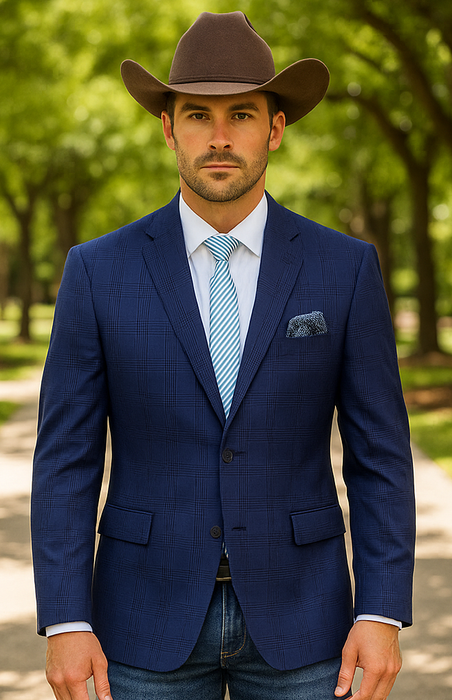 Saco vaquero - Western Sport Coat - Western Blazer  - Mens Two Button Classic Fit Sport Coat Blazer In Dark Navy Blue Windowpane Plaid