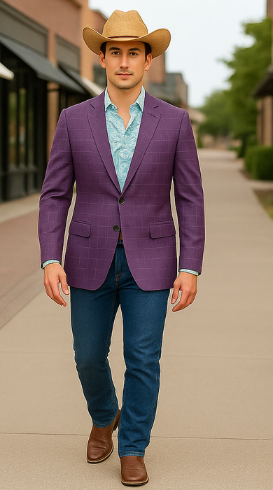 Saco vaquero - Western Sport Coat - Western Blazer - Men's Two Button Fit Windowpane Plaid Magenta  Sport Coat Blazer