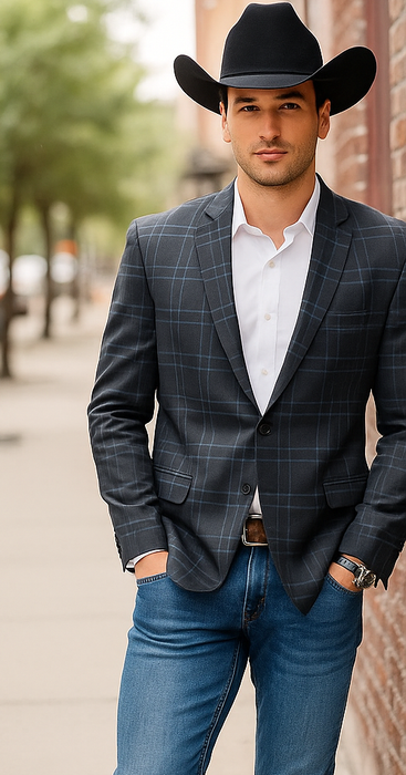 Saco vaquero - Western Sport Coat - Western Blazer - Men's Two Button Regular Fit Double Windowpane Plaid Blazer