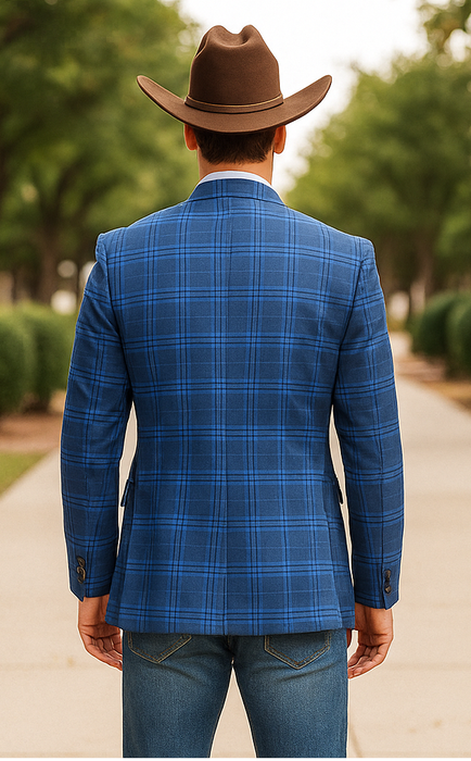 Saco vaquero - Western Sport Coat - Western Blazer - Men's Two Button Regular Fit Double Windowpane Plaid Blazer In Dark Blue