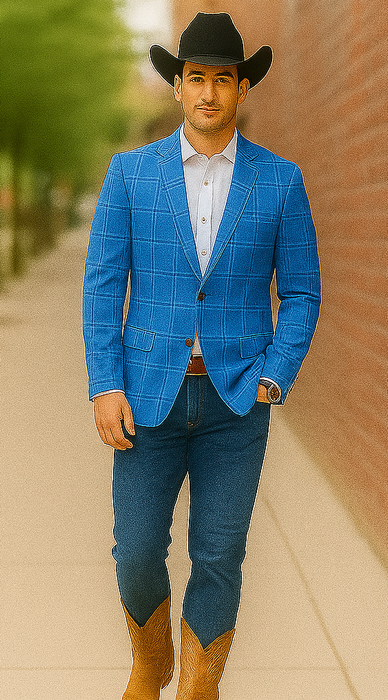 Saco vaquero - Western Sport Coat - Western Blazer  - Men's Two Button Regular Fit Light Blue Double Windowpane Plaid Blazer