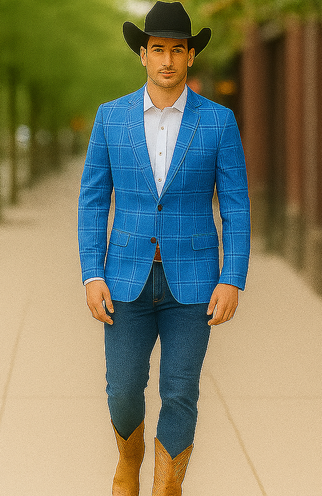 Saco vaquero - Western Sport Coat - Western Blazer - Men's Two Button Regular Fit Light Blue Double Windowpane Plaid Blazer