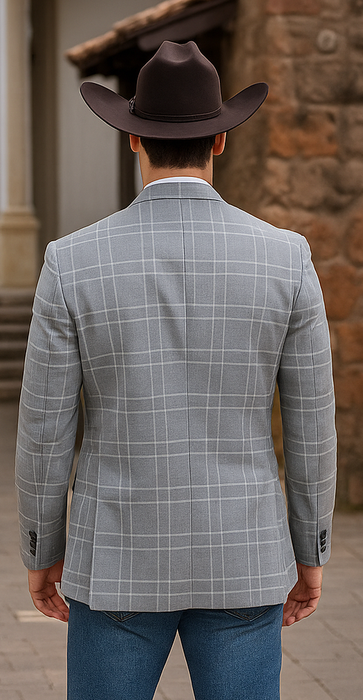 Saco vaquero - Western Sport Coat - Western Blazer - Men's Two Button Regular Fit Light Grey Double Windowpane Plaid Blazer