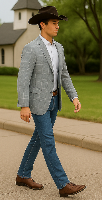 Saco vaquero - Western Sport Coat - Western Blazer - Men's Two Button Regular Fit Light Grey Double Windowpane Plaid Blazer