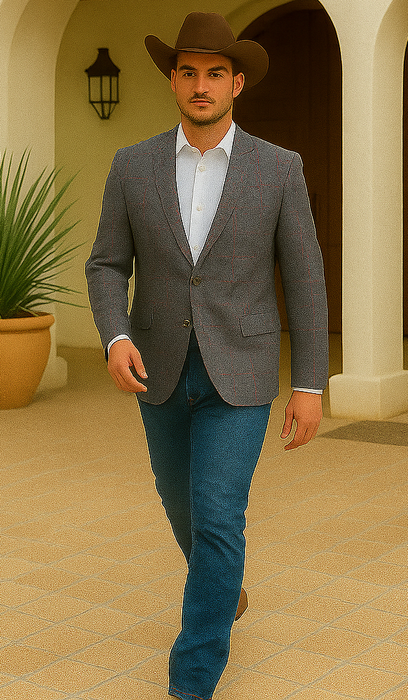 Saco vaquero - Western Sport Coat - Western Blazer- Men's Two Button Regular Fit Sport Coat In Charcoal Grey With Blue & Pink Windowpane Plaid