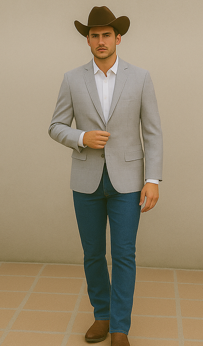 Saco vaquero - Western Sport Coat - Western Blazer- Men's Two Button Regular Fit Sport Coat In Grey & Bronze Windowpane Plaid