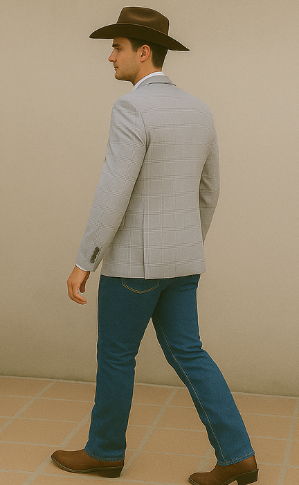 Saco vaquero - Western Sport Coat - Western Blazer- Men's Two Button Regular Fit Sport Coat In Grey & Bronze Windowpane Plaid