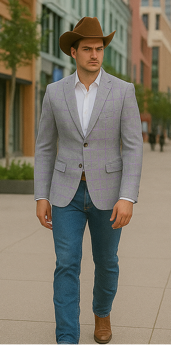 Saco vaquero - Western Sport Coat - Western Blazer - Men's Two Button Regular Fit Sport Coat In Light Grey With Blue & Pink Windowpane Plaid
