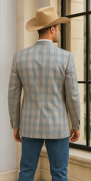 Saco vaquero - Western Sport Coat - Western Blazer- Men's Two Button Regular Fit Sport Coat In Tan, Blue, Gold Windowpane Plaid