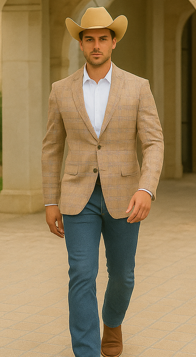Saco vaquero - Western Sport Coat - Western Blazer- Men's Two Button Regular Fit Tan & Blue Double Windowpane Plaid Blazer