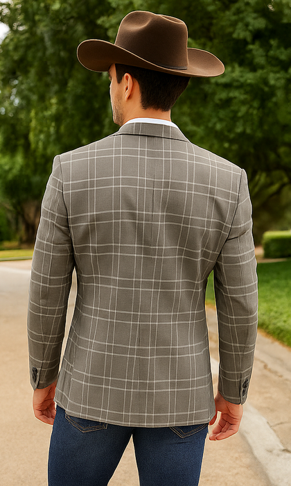 Saco vaquero - Western Sport Coat - Western Blazer - Men's Two Button Regular Fit Tan Double Windowpane Plaid Blazer