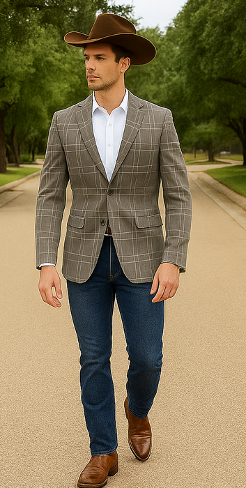 Saco vaquero - Western Sport Coat - Western Blazer - Men's Two Button Regular Fit Tan Double Windowpane Plaid Blazer