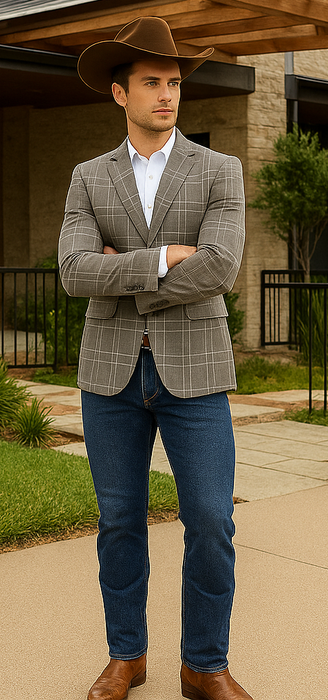 Saco vaquero - Western Sport Coat - Western Blazer - Men's Two Button Regular Fit Tan Double Windowpane Plaid Blazer