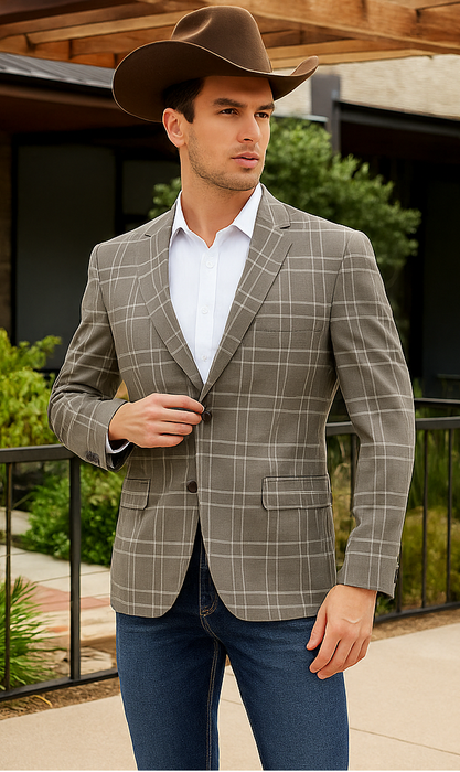 Saco vaquero - Western Sport Coat - Western Blazer - Men's Two Button Regular Fit Tan Double Windowpane Plaid Blazer