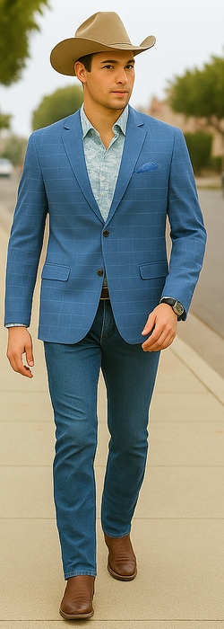 Saco vaquero - Western Sport Coat - Western Blazer  - Men's Two Button Regular Fit Windowpane Plaid  Teal Sport Coat Blazer