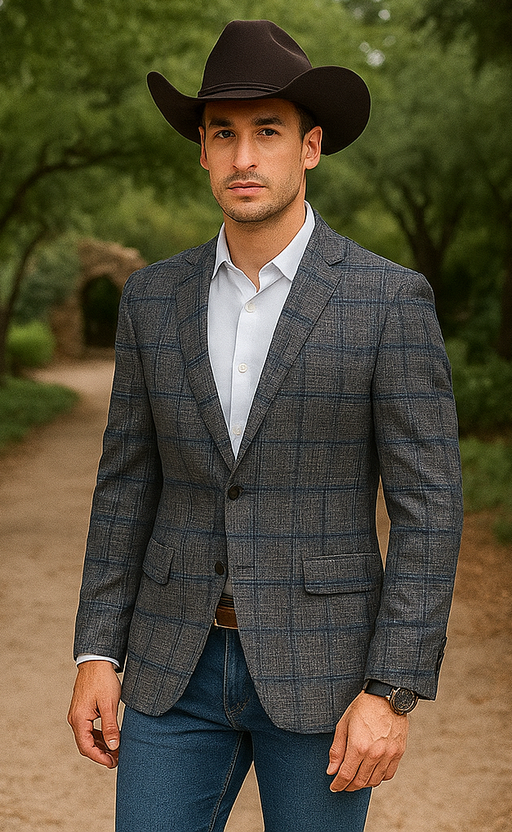 Saco vaquero - Western Sport Coat - Western Blazer - Men's Two Button Slim Fit Glen Plaid Charcoal Grey Sport Coat Blazer
