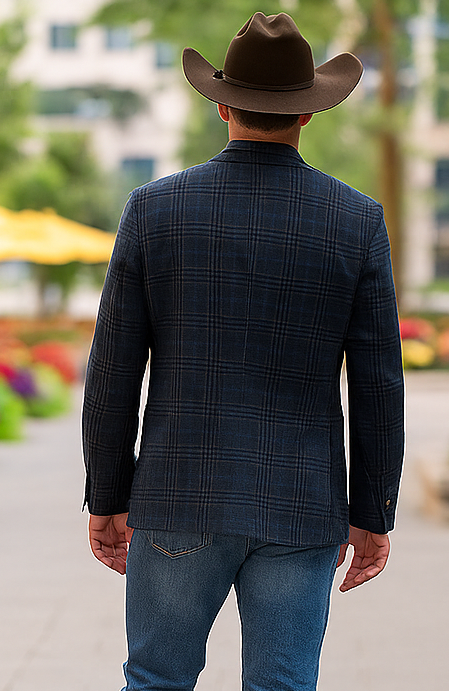 Saco vaquero - Western Sport Coat - Western Blazer - Mens Two Button Slim Fit Patch Pocket Blazer In Blue Grey Windowpane Plaid
