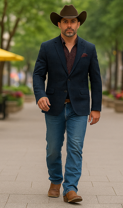 Saco vaquero - Western Sport Coat - Western Blazer - Mens Two Button Slim Fit Patch Pocket Blazer In Blue Grey Windowpane Plaid