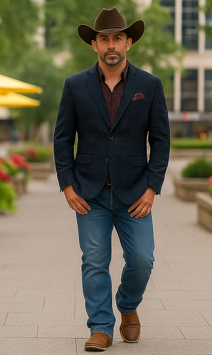 Saco vaquero - Western Sport Coat - Western Blazer - Mens Two Button Slim Fit Patch Pocket Blazer In Blue Grey Windowpane Plaid